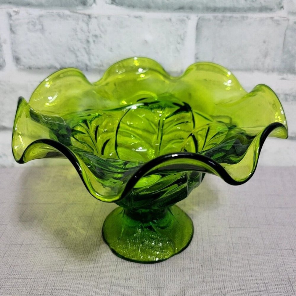 Vintage Viking Glass Green Glass Epic Leaf Compote Dish Decorative Art